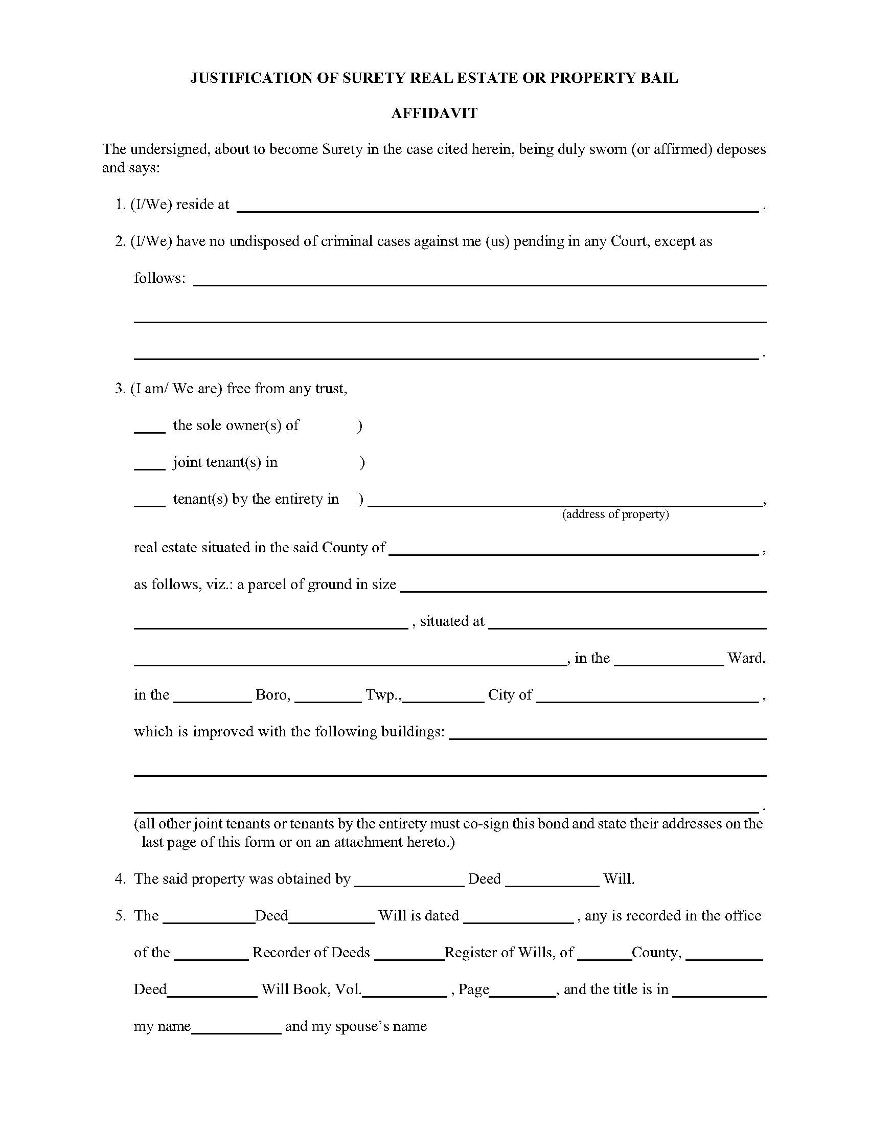 Justification Of Surety Real Estate Or Property Bail | Pdf Fpdf Docx | Pennsylvania