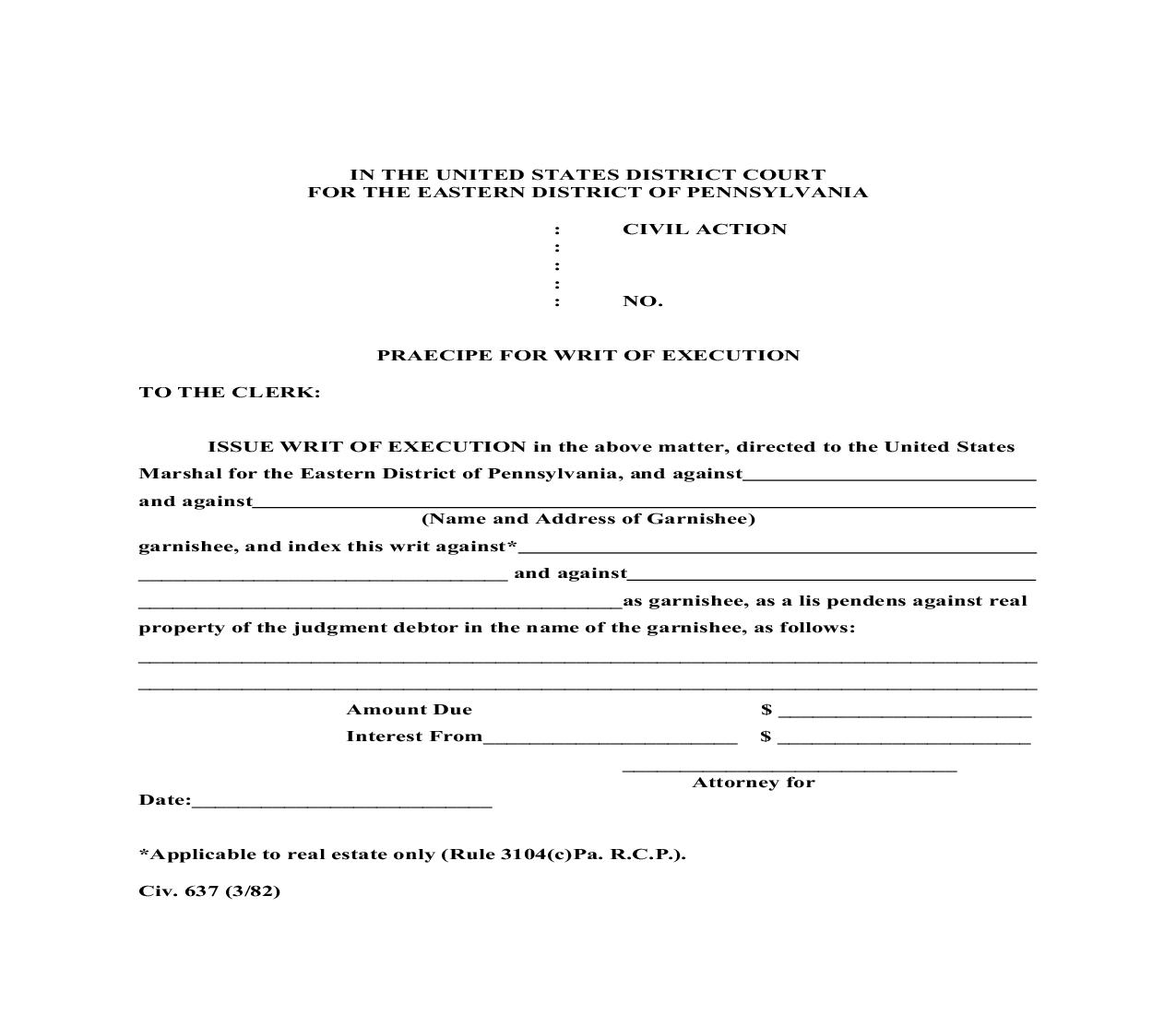 Praecipe For Writ Of Execution {CIV 637} | Pdf Fpdf Doc Docx | Pennsylvania