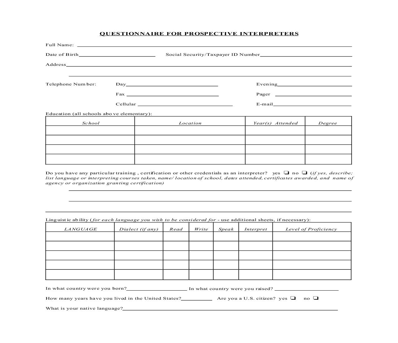 Questionnaire For Prospective Interpreters | Pdf Fpdf Doc Docx | Pennsylvania