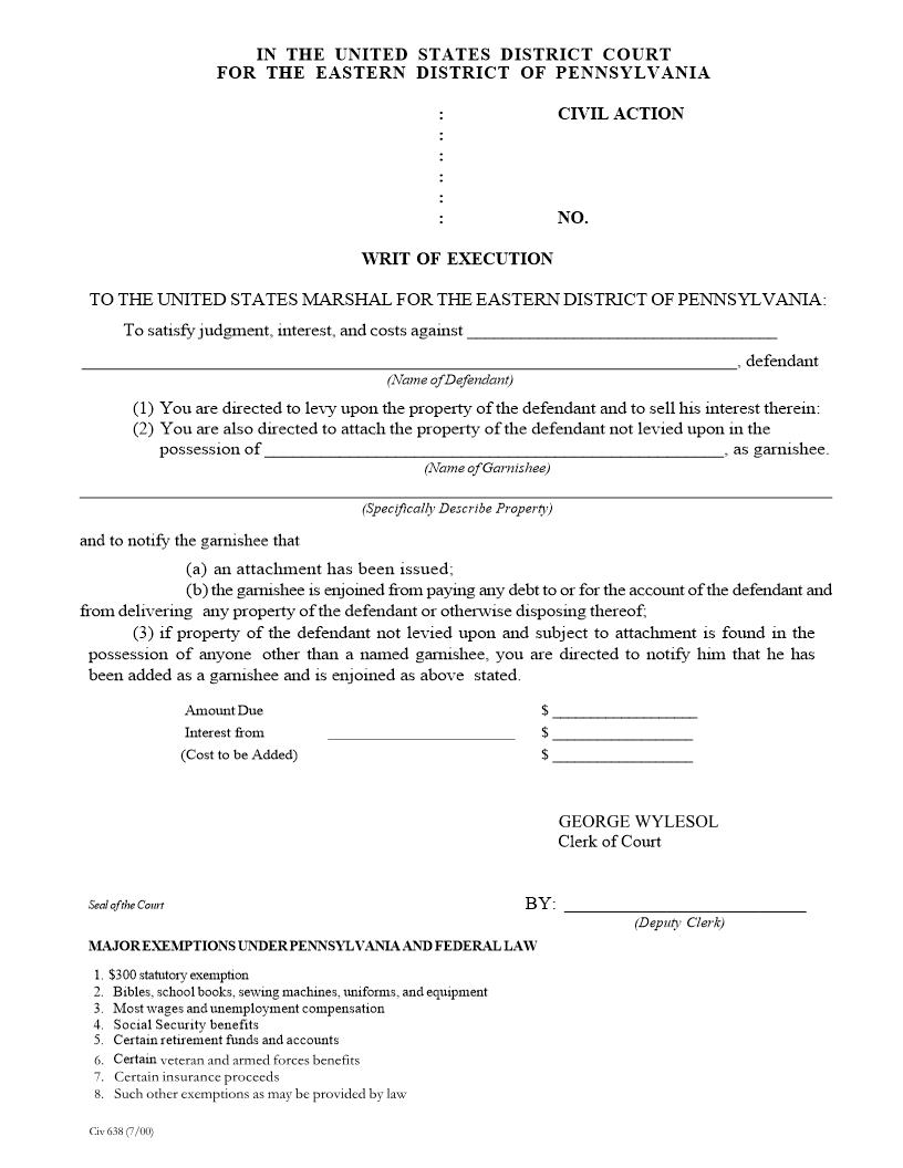 Writ Of Execution {CIV 638} | Pdf Fpdf Doc Docx | Pennsylvania