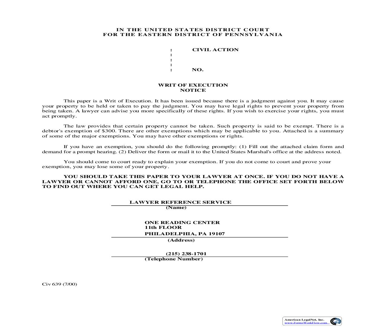 Writ Of Execution Notice {CIV 639} | Pdf Fpdf Doc Docx | Pennsylvania