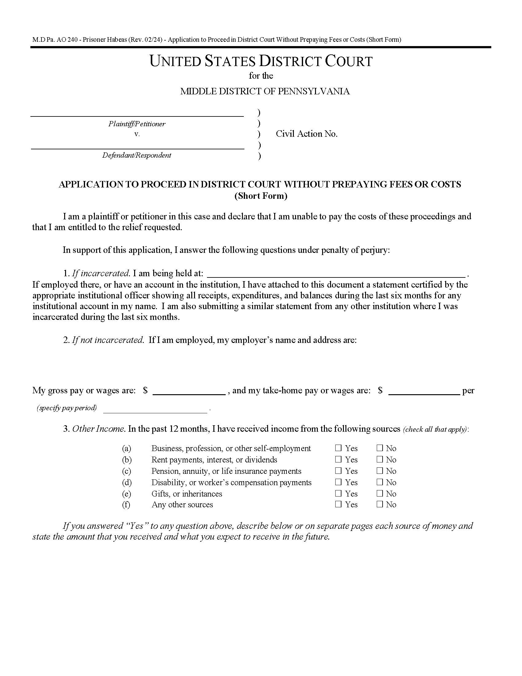 Application To Proceed In Forma Pauperis {AO 240} | Pdf Fpdf Docx | Pennsylvania