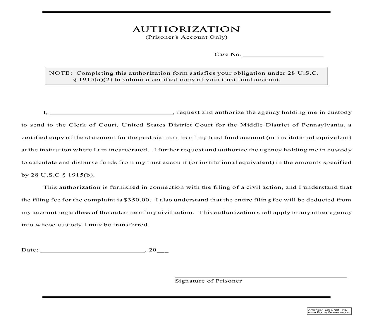 Authorization Prisoners Account Only | Pdf Fpdf Doc Docx | Pennsylvania