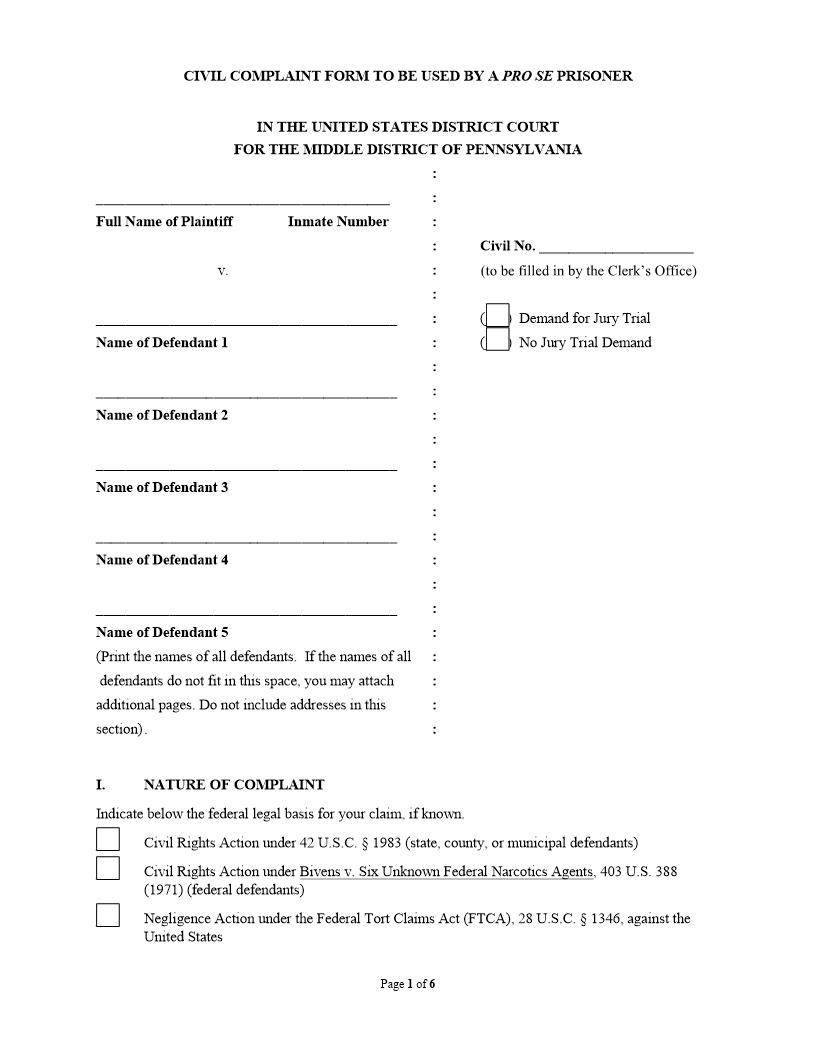 Civil Complaint (To Be Used By Prisoner) | Pdf Fpdf Doc Docx | Pennsylvania