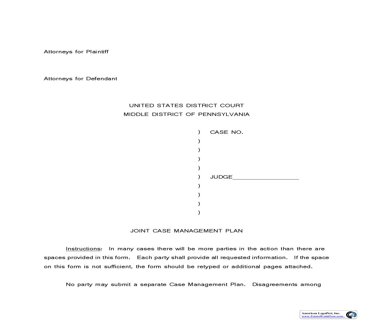 Joint Case Management Plan | Pdf Fpdf Doc Docx | Pennsylvania