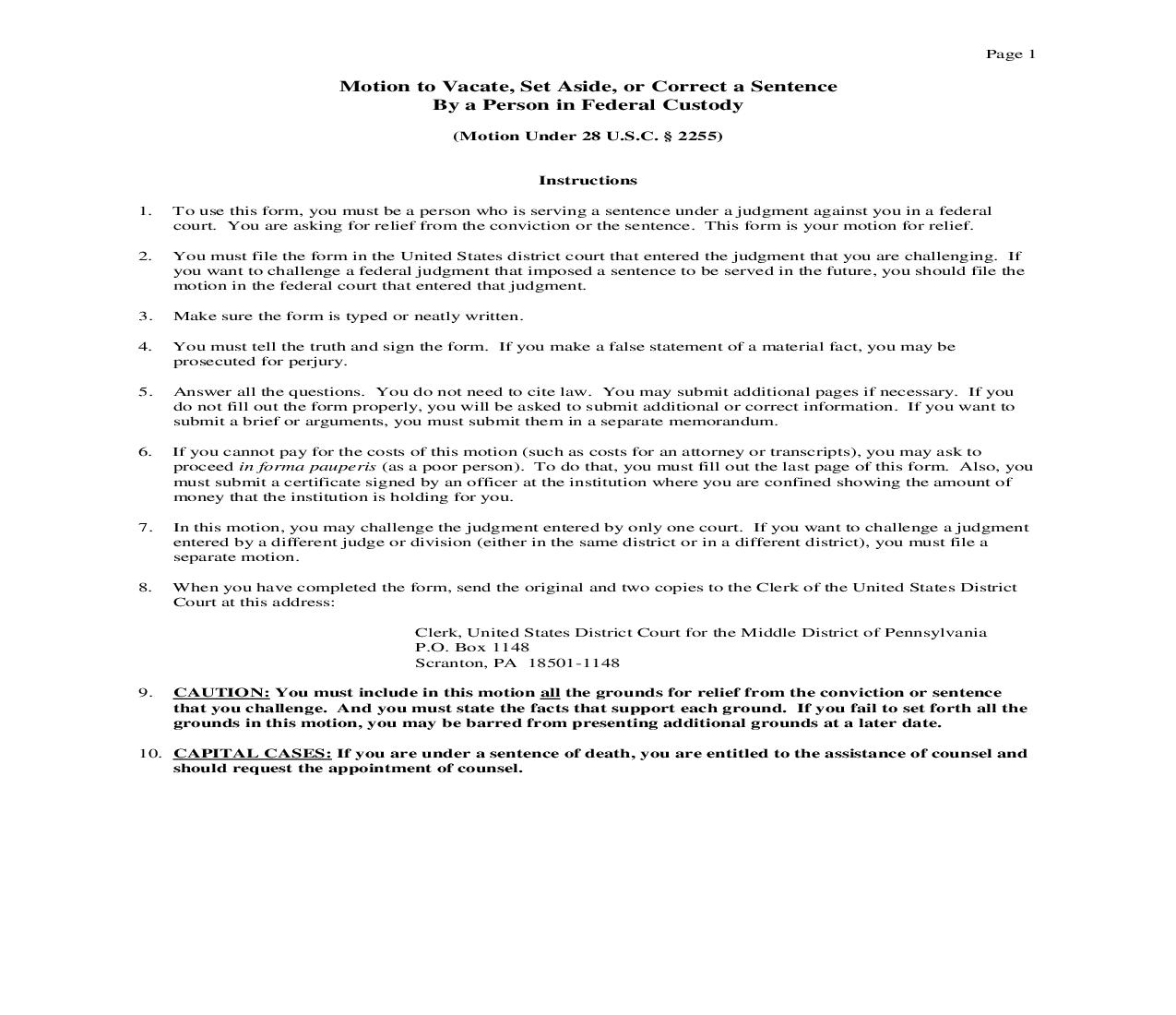 Motion To Vacate Set Aside Or Correct Sentence By A Person In Federal Custody | Pdf Fpdf Doc Docx | Pennsylvania