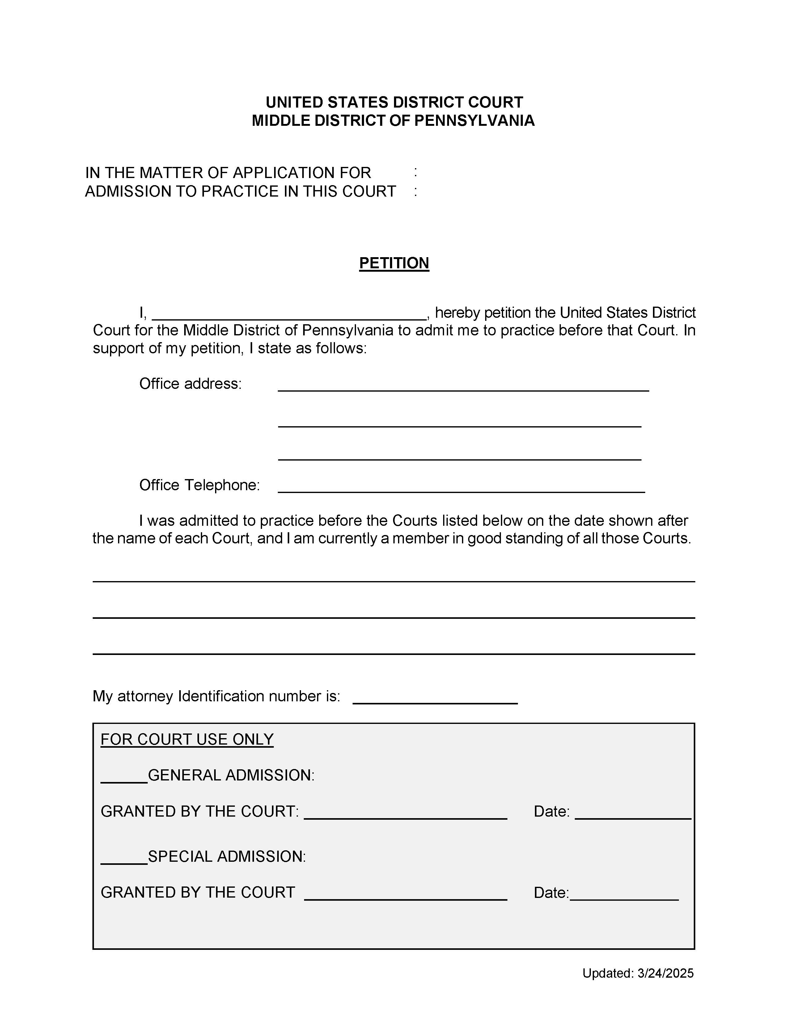 Petition For Admission To Practice | Pdf Fpdf Doc Docx | Pennsylvania