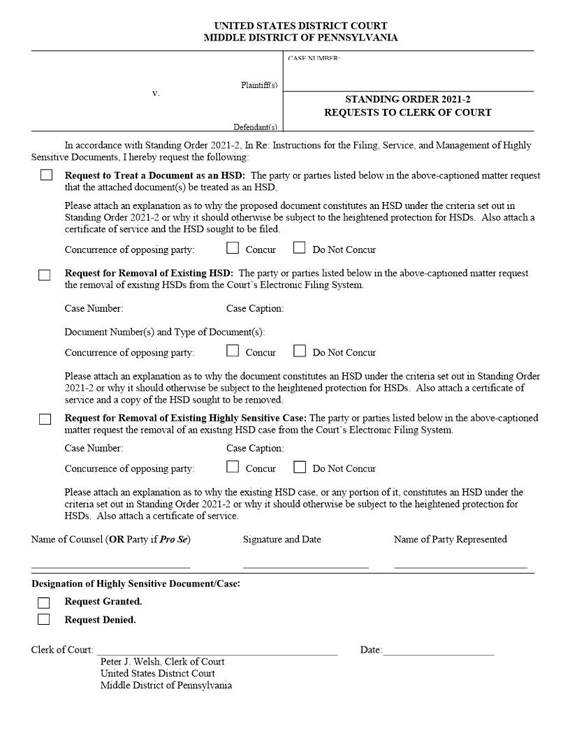 Standing Order 2021-2 Request To Clerk Of Court | Pdf Fpdf Docx | Pennsylvania
