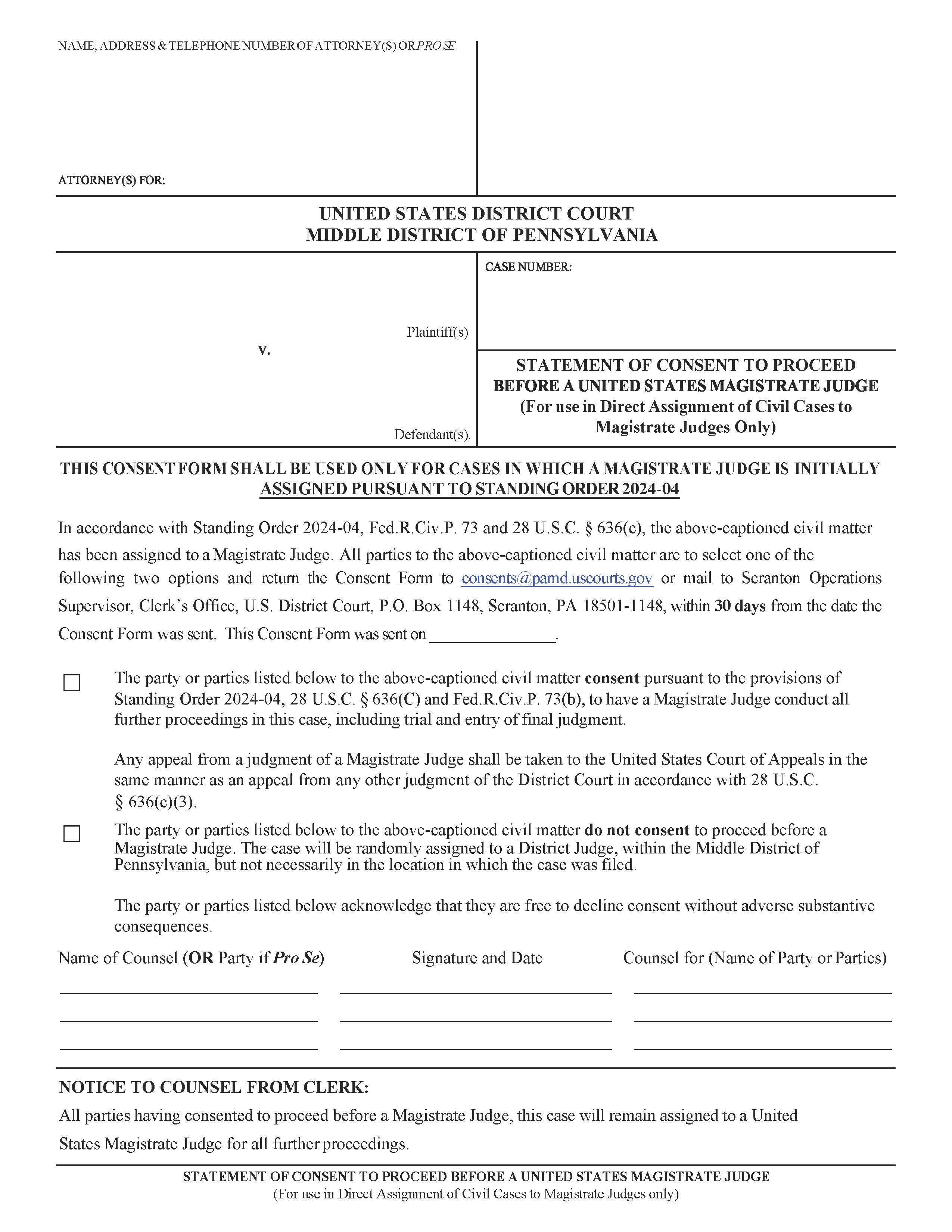 Statement Of Consent To Proceed Before A United States Magistrate Judge | Pdf Fpdf Docx | Pennsylvania