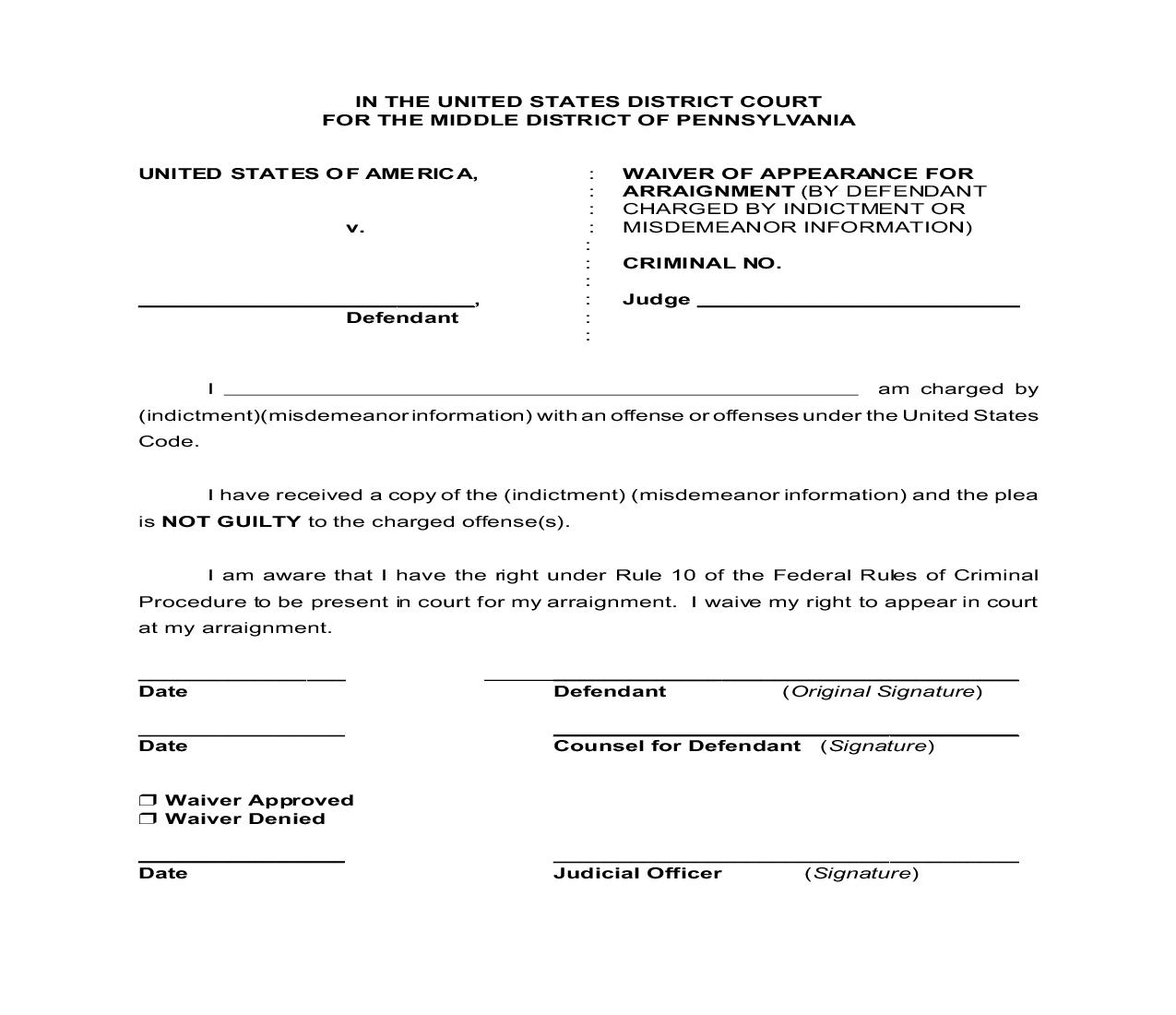Waiver Of Appearance For Arraignment | Pdf Fpdf Doc Docx | Pennsylvania