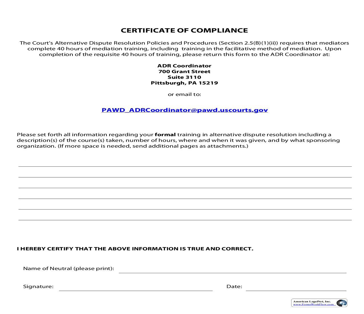 ADR Certificate Of Compliance | Pdf Fpdf Doc Docx | Pennsylvania