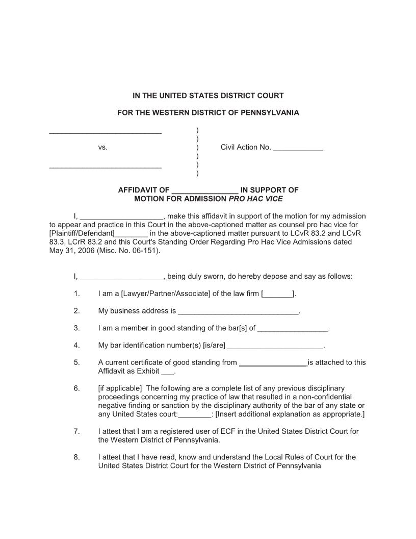 Affidavit In Support Of Motion For Admission Pro Hac Vice | Pdf Fpdf Docx | Pennsylvania