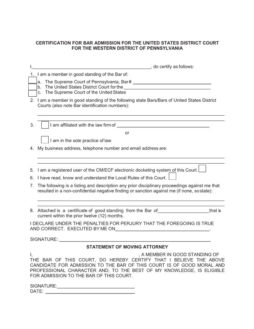 Certificate For Bar Admission | Pdf Fpdf Docx | Pennsylvania