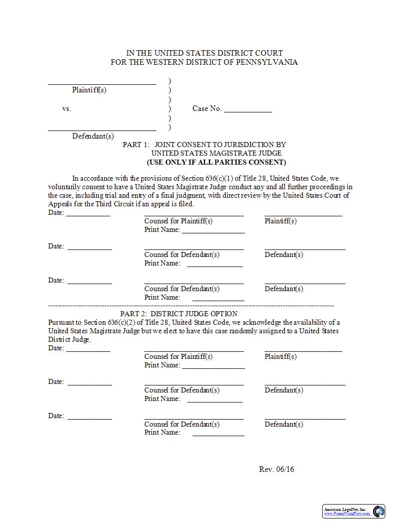 Consent To Jurisdiction By Magistrate Judge (Joint) | Pdf Fpdf Docx | Pennsylvania
