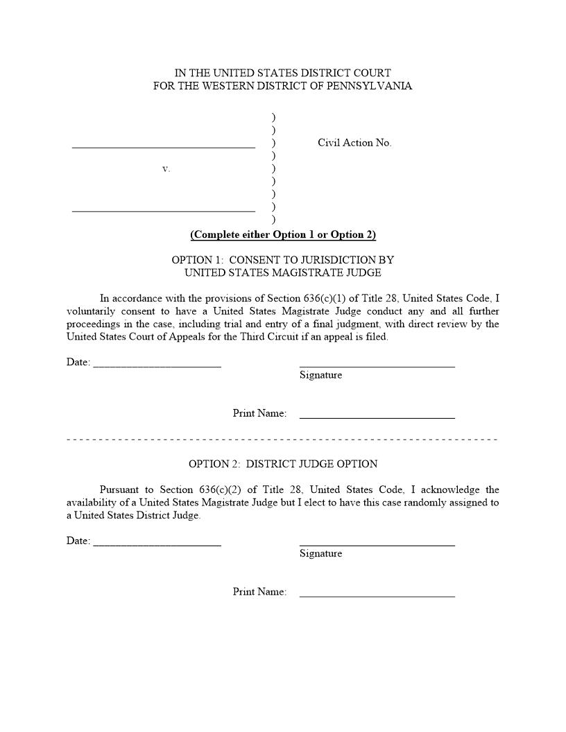 Consent To Jurisdiction By Magistrate Judge | Pdf Fpdf Doc Docx | Pennsylvania