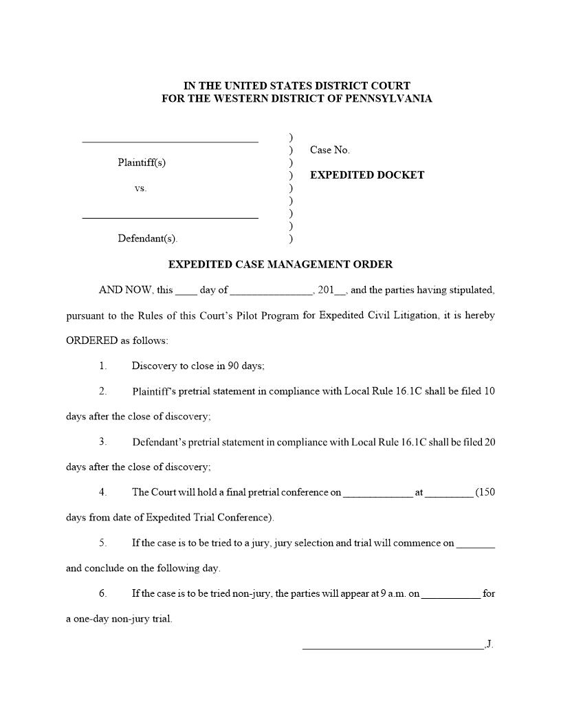 Expedited Case Management Order | Pdf Fpdf Docx | Pennsylvania