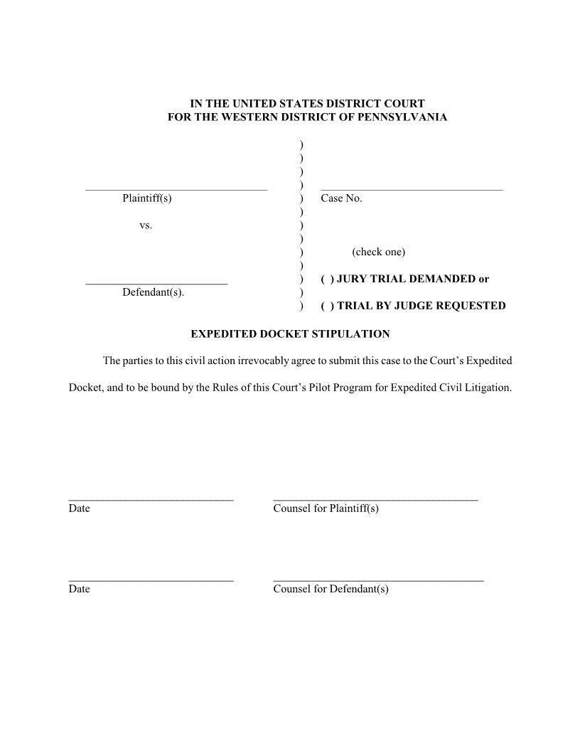 Expedited Docket Stipulation | Pdf Fpdf Docx | Pennsylvania