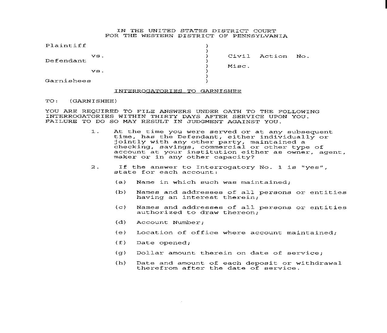 Interrogatories To Garnishee | Pdf Fpdf Doc Docx | Pennsylvania