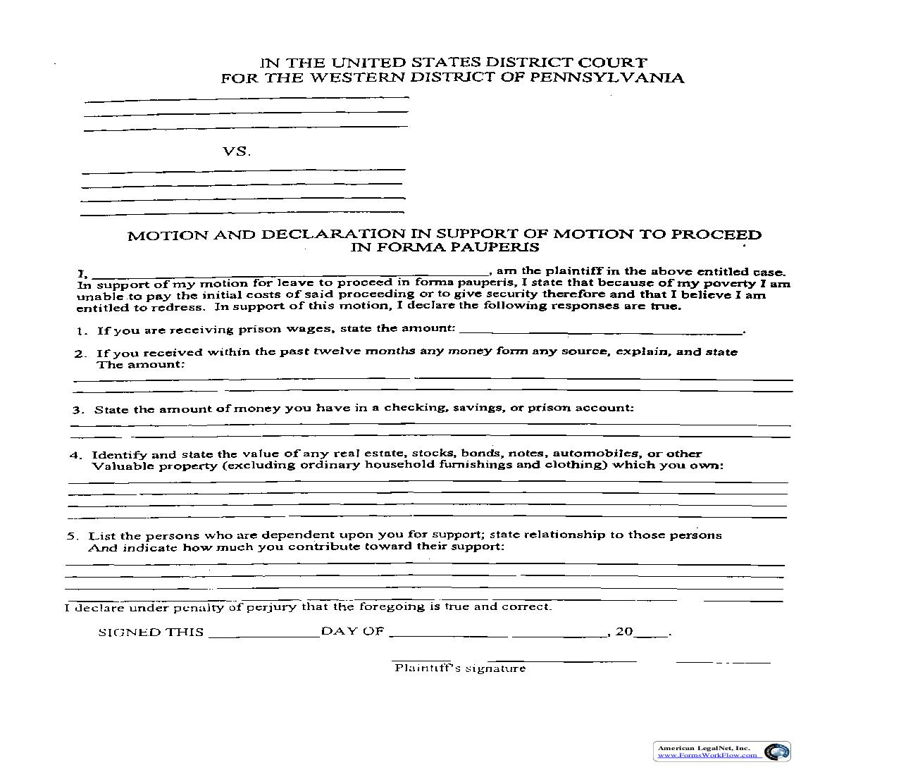 Motion And Declaration In Support Of Motion To Proceed In Forma Pauperis | Pdf Fpdf Doc Docx | Pennsylvania