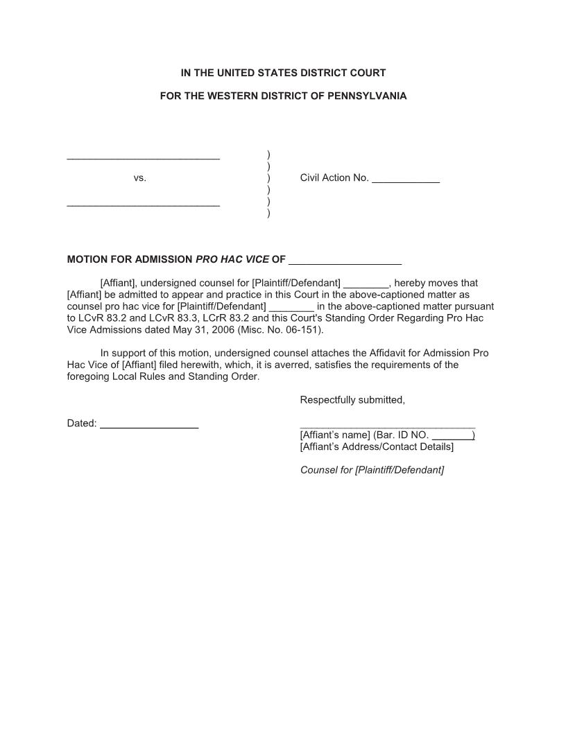 Motion For Admission Pro Hac Vice | Pdf Fpdf Docx | Pennsylvania