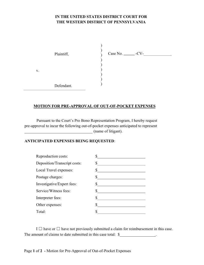 Motion For Pre Approval Of Out Of Pocket Expenses | Pdf Fpdf Docx | Pennsylvania