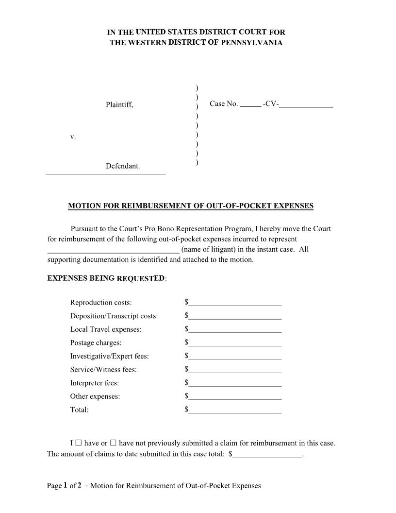 Motion For Reimbursement Of Out Of Pocket Expenses | Pdf Fpdf Docx | Pennsylvania