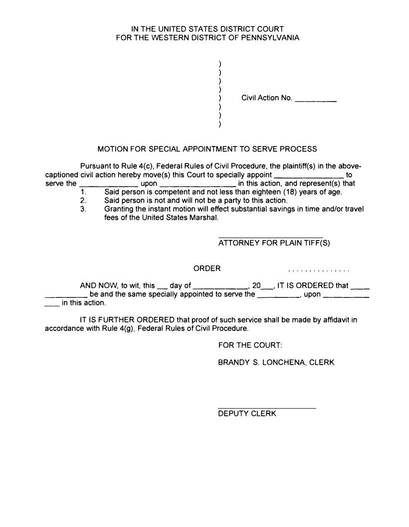 Motion For Special Appointment To Serve Process | Pdf Fpdf Doc Docx | Pennsylvania