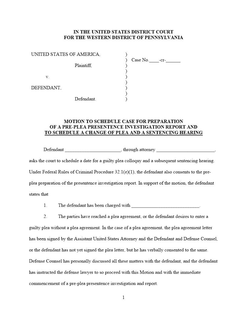 Motion To Schedule Case For Preparation Of A Pre Plea Presentence | Pdf Fpdf Docx | Pennsylvania