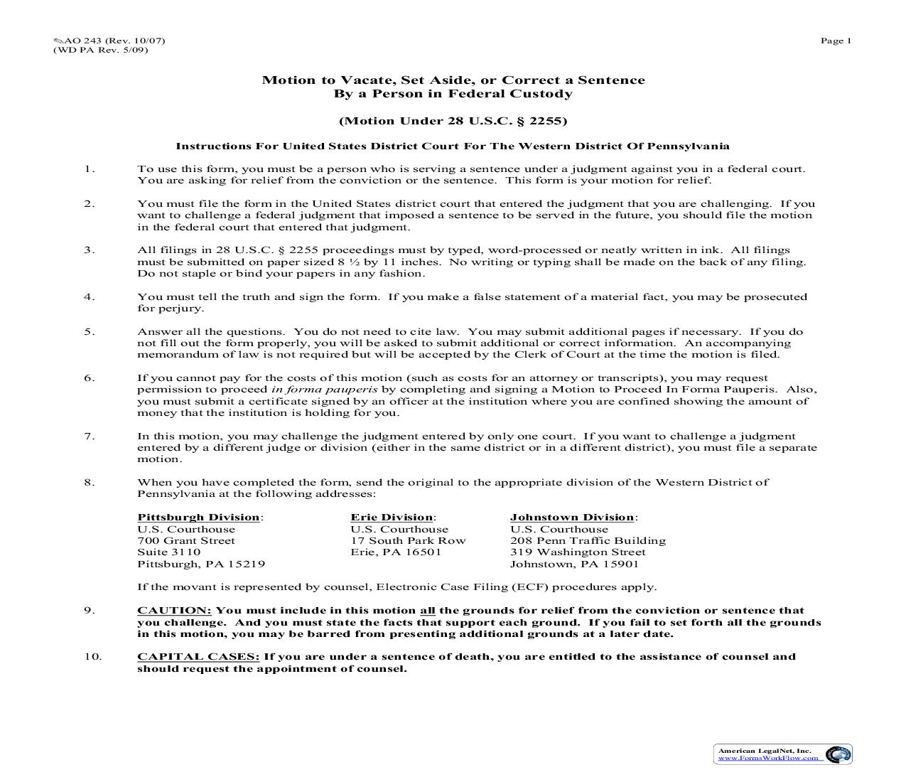 Motion To Vacate By A Person In Federal Custody | Pdf Fpdf Doc Docx | Pennsylvania