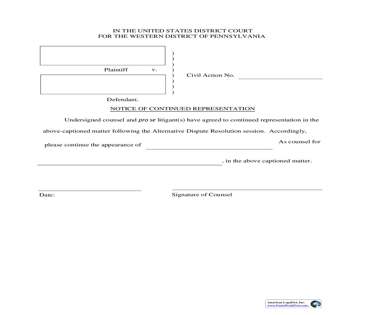 Notice Of Continued Representation | Pdf Fpdf Doc Docx | Pennsylvania