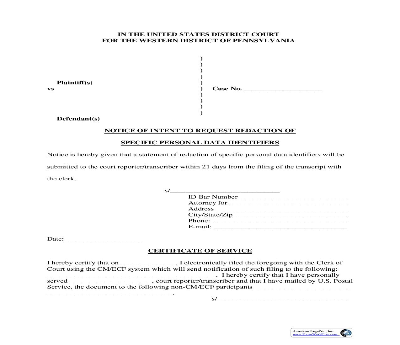 Notice Of Intent To Request Redaction | Pdf Fpdf Doc Docx | Pennsylvania