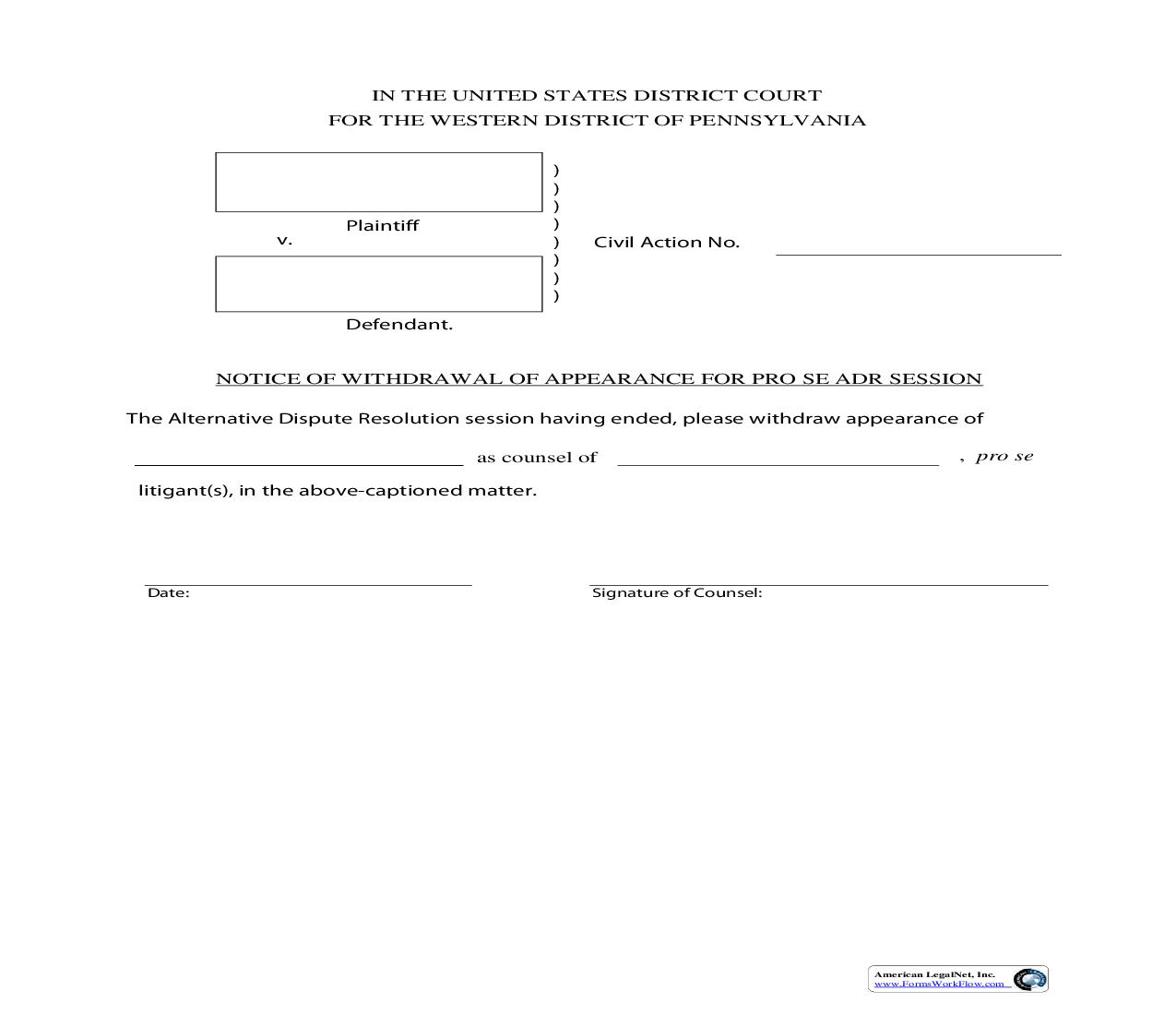 Notice Of Withdrawal Of Appearance For Pro Se ADR Session | Pdf Fpdf Doc Docx | Pennsylvania