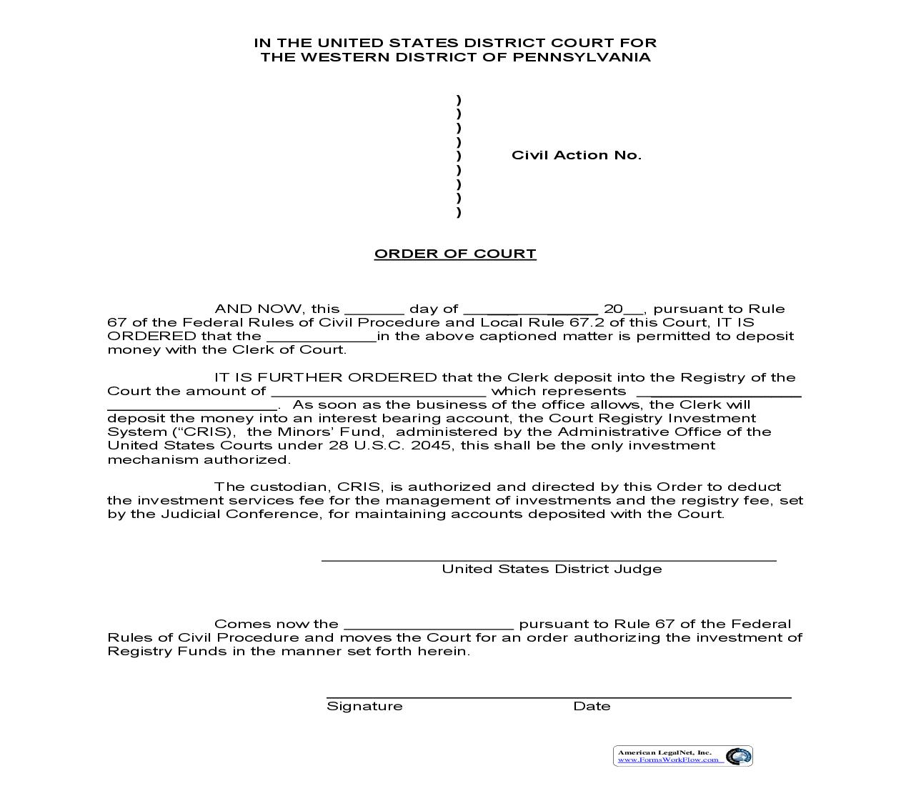 Order Of Court (Minors Fund) | Pdf Fpdf Doc Docx | Pennsylvania