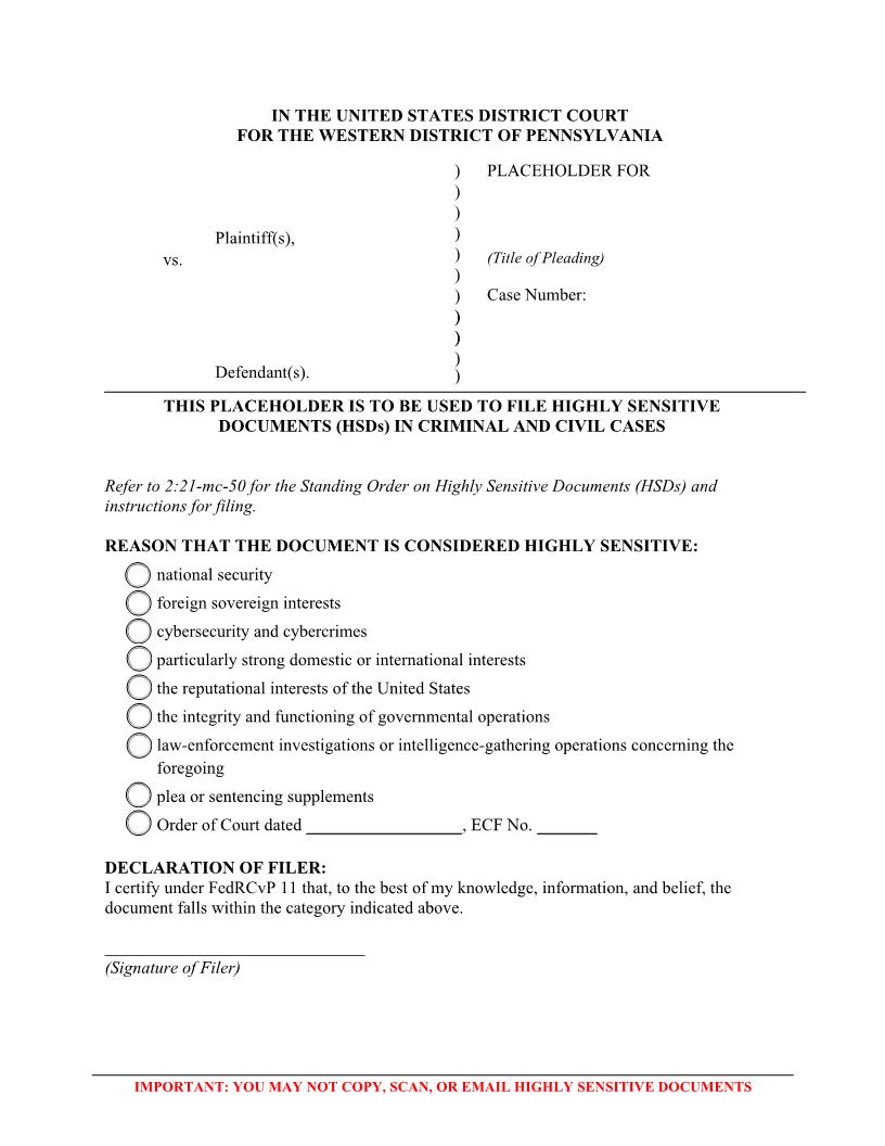 Placeholder To Be Used To File Highly Sensitive Documents | Pdf Fpdf Docx | Pennsylvania