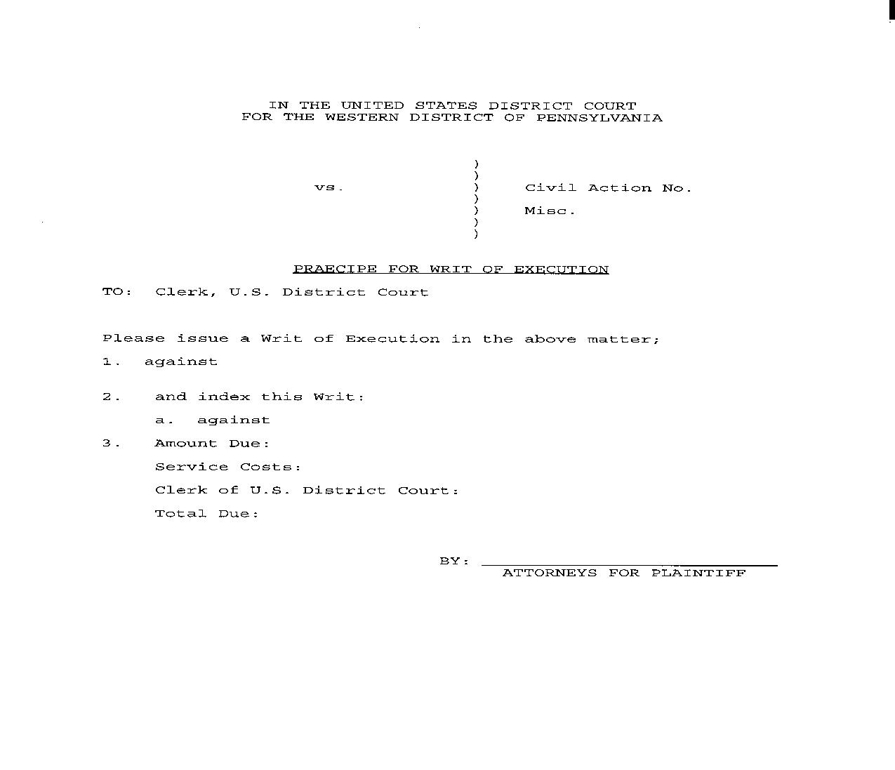 Praecipe For Writ Of Execution | Pdf Fpdf Doc Docx | Pennsylvania