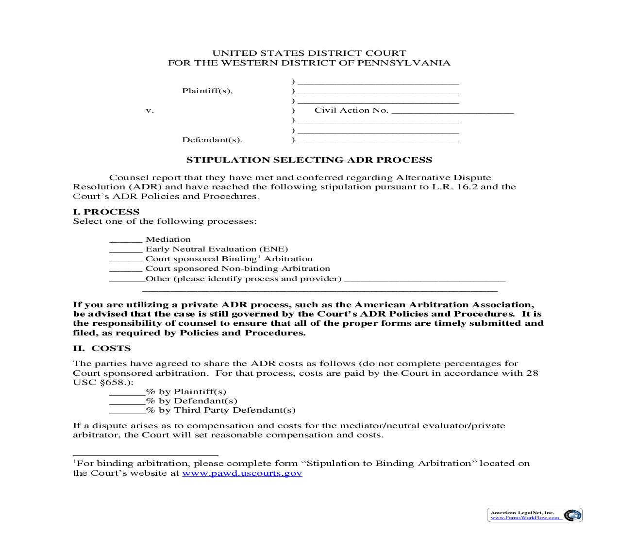 Stipulation Selecting ADR Process | Pdf Fpdf Doc Docx | Pennsylvania