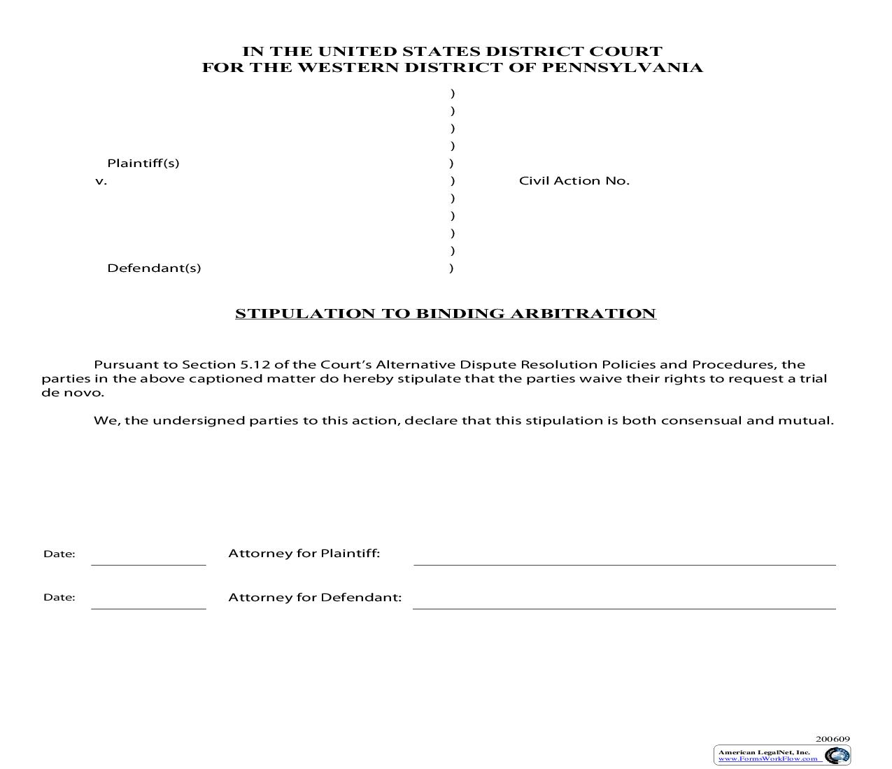 Stipulation To Binding Arbitration | Pdf Fpdf Doc Docx | Pennsylvania