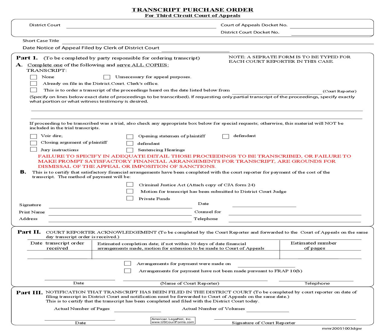 Transcript Purchase Order w-Instructions (USDC Western) | Pdf Fpdf Doc Docx | Pennsylvania