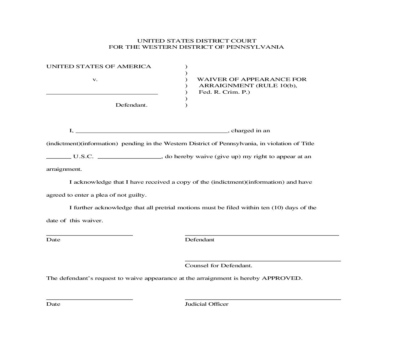 Waiver Of Appearance For Arraignment | Pdf Fpdf Doc Docx | Pennsylvania
