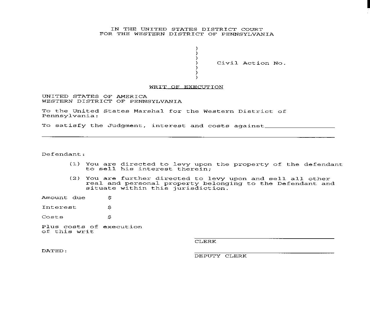 Writ Of Execution (No Property) | Pdf Fpdf Doc Docx | Pennsylvania