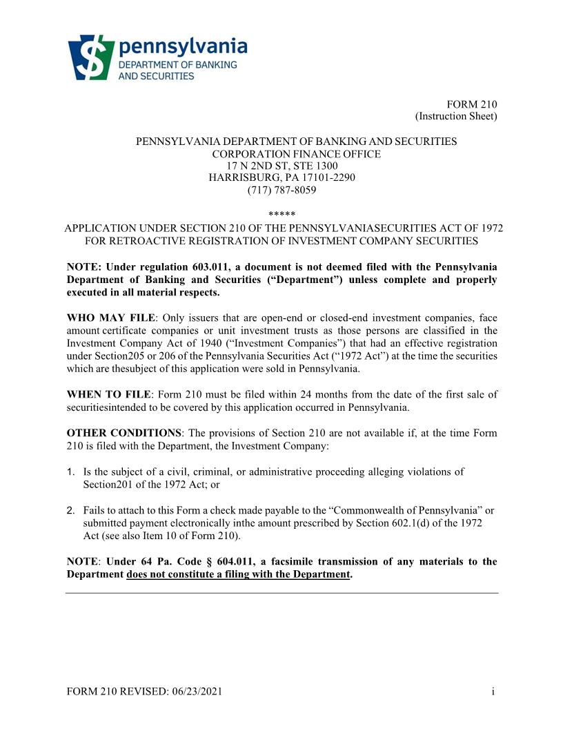 Act Of 1972 For Retroactive Registration Of Investment Company Securities {210} | Pdf Fpdf Doc Docx | Pennsylvania