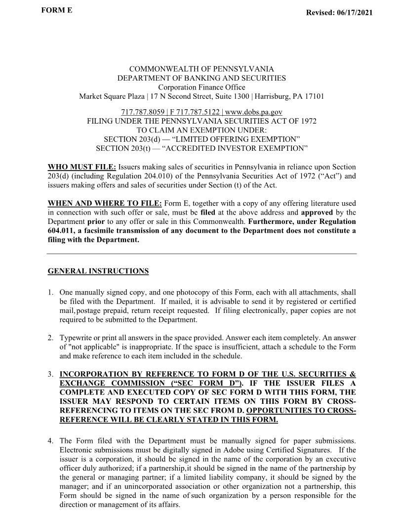 Notice Filing Under The Pennsylvania Securities Act Of 1972  Act {E} | Pdf Fpdf Docx | Pennsylvania
