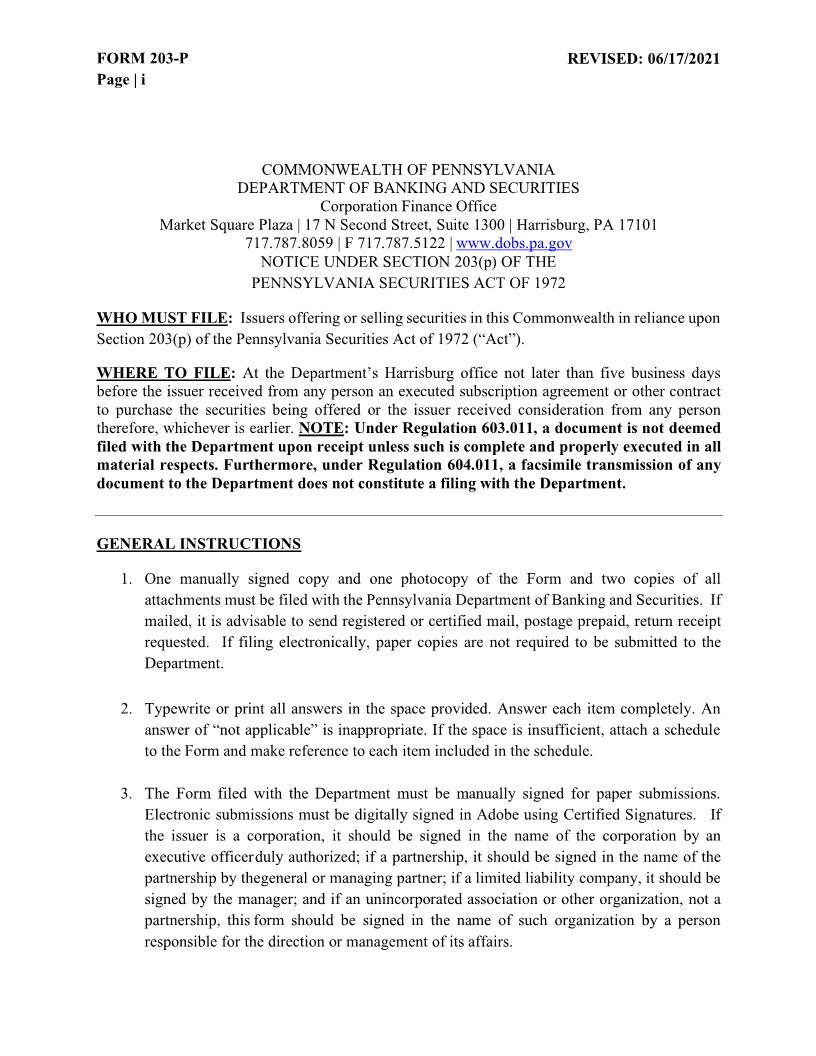 Notice Under Section 203(P) Of The Pennsylvania Securities Act Of 1972 {203P} | Pdf Fpdf Doc Docx | Pennsylvania