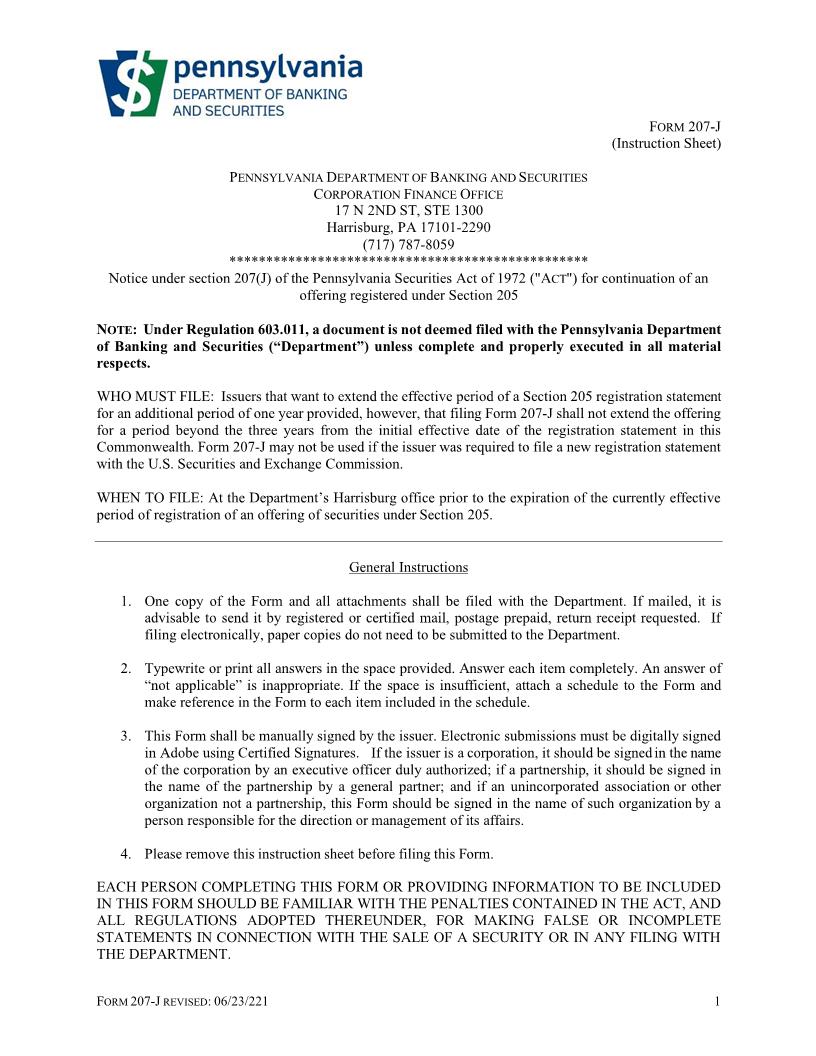 Notice Under Section 207(J) Of The Pennsylvania Securities Act Of 1972 {207J} | Pdf Fpdf Doc Docx | Pennsylvania