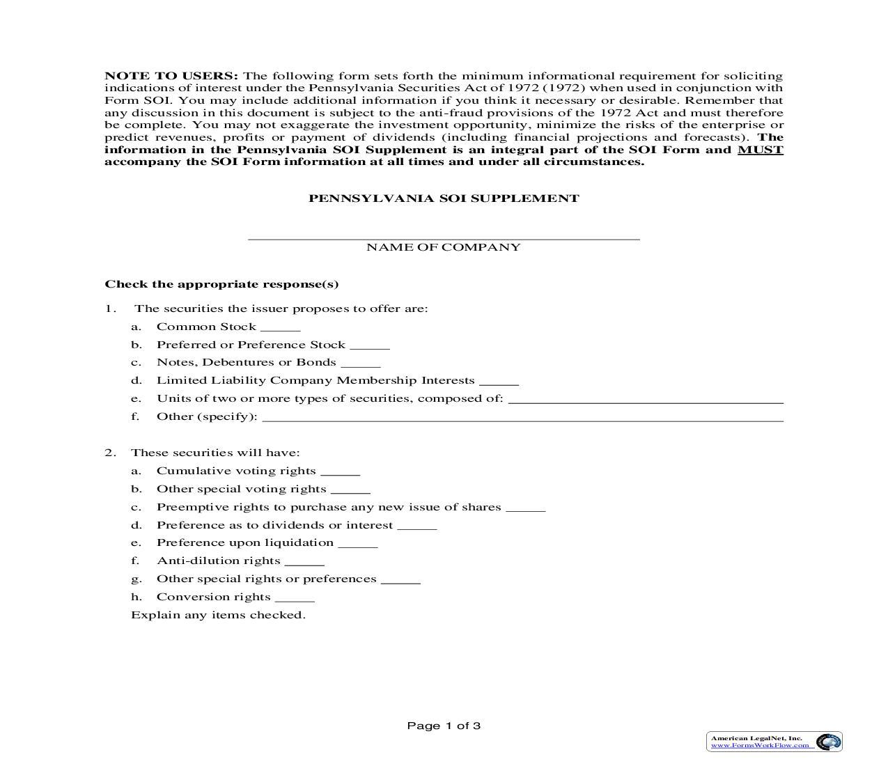 Pennsylvania SOI Supplement {SOIS} | Pdf Fpdf Doc Docx | Pennsylvania