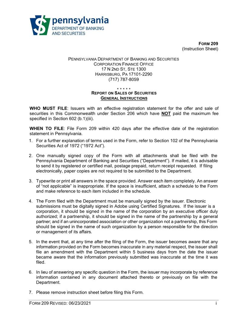 Report On Sales Of Securities {209} | Pdf Fpdf Doc Docx | Pennsylvania