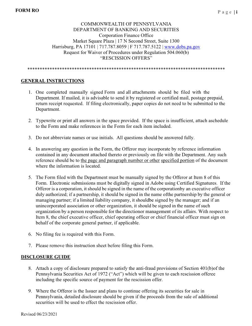 Request For Waiver Of Procedures Under Regulation 504 {RO} | Pdf Fpdf Doc Docx | Pennsylvania