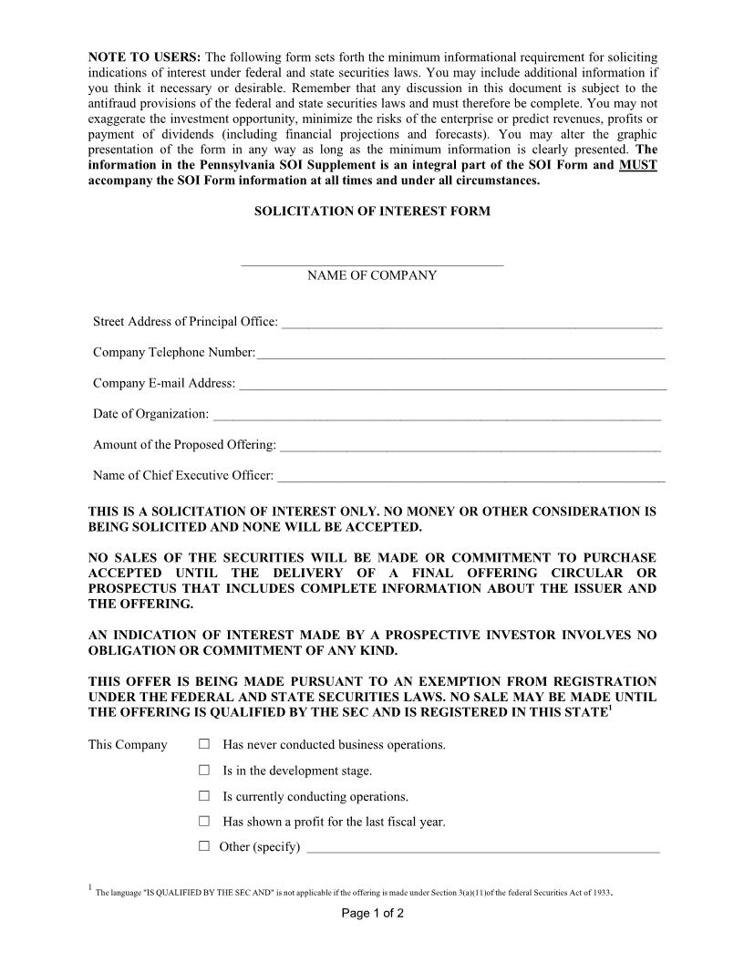 Solicitation Of Interest Form {SOI} | Pdf Fpdf Doc Docx | Pennsylvania