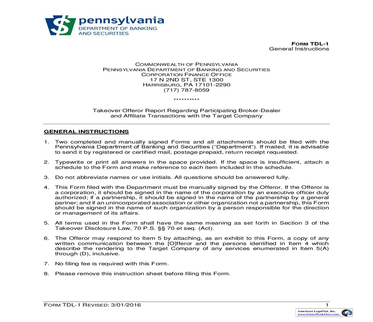 Takeover Offeror Report Regarding Participating Broker-Dealer And Affiliate Transactions With The Target Company {TDL1} | Pdf Fpdf Doc Docx | Pennsylvania