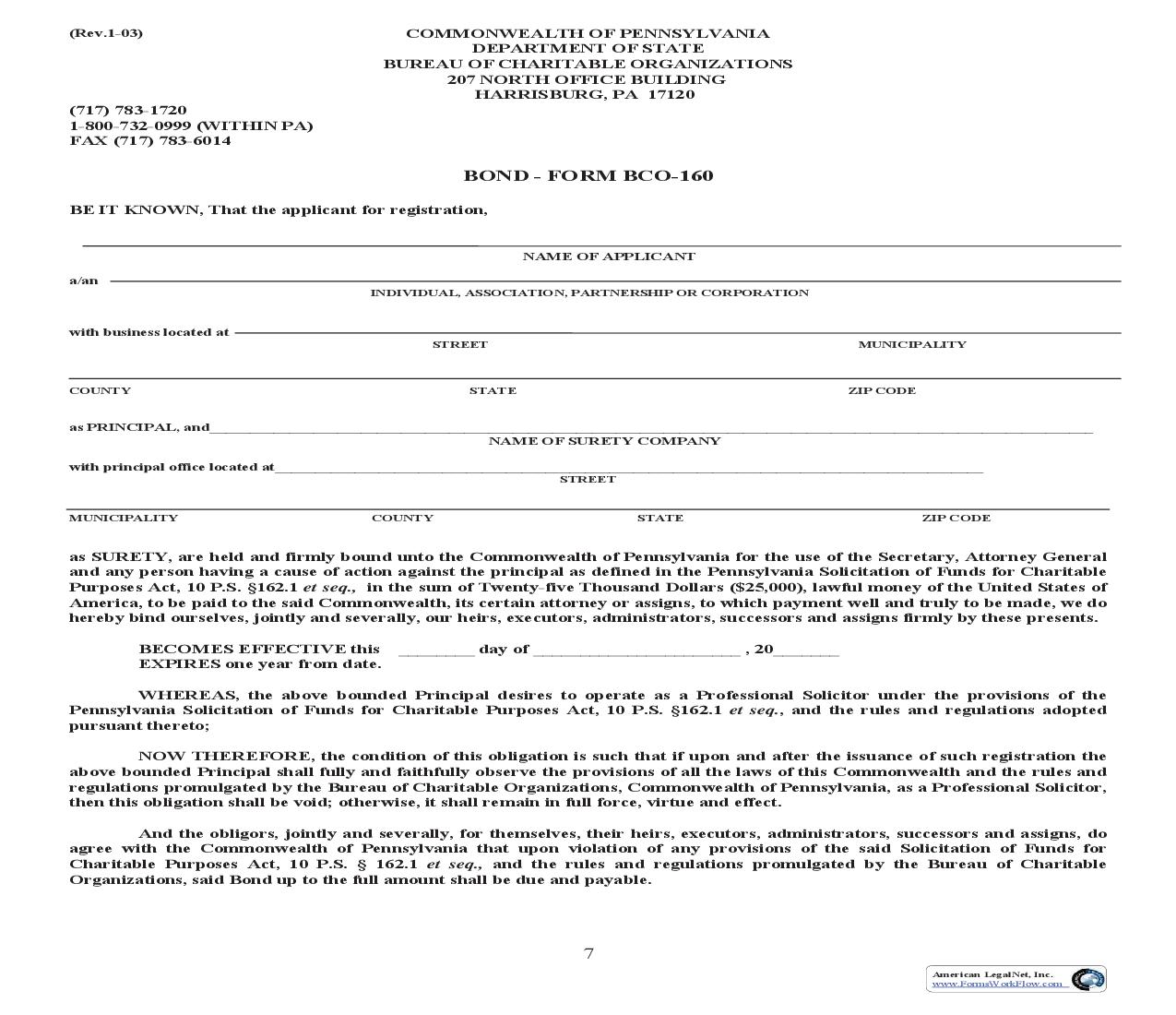 Bond {BCO-160} | Pdf Fpdf Doc Docx | Pennsylvania